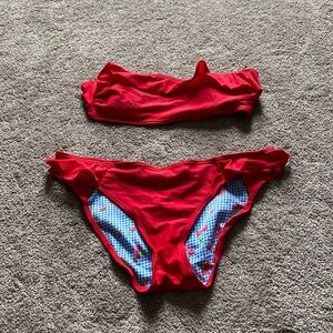 Red Camel Bikini Set Red Blue Cherry Print Strapless Top SIZE L